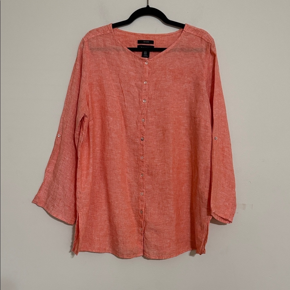 Tahari Orange Button-Down Shirt linen women 1X casual linen vacation office Y2K